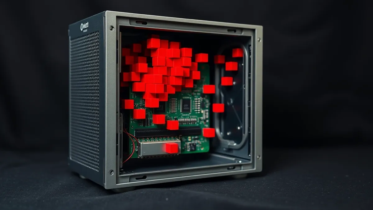 Illustration: A sleek silver server tower sits open, revealing a cramped circuit board.