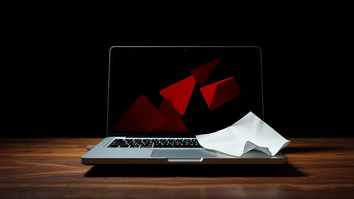 Illustration: An open laptop sits on a wooden desk, its screen displaying abstract red warning shapes against a dark background.