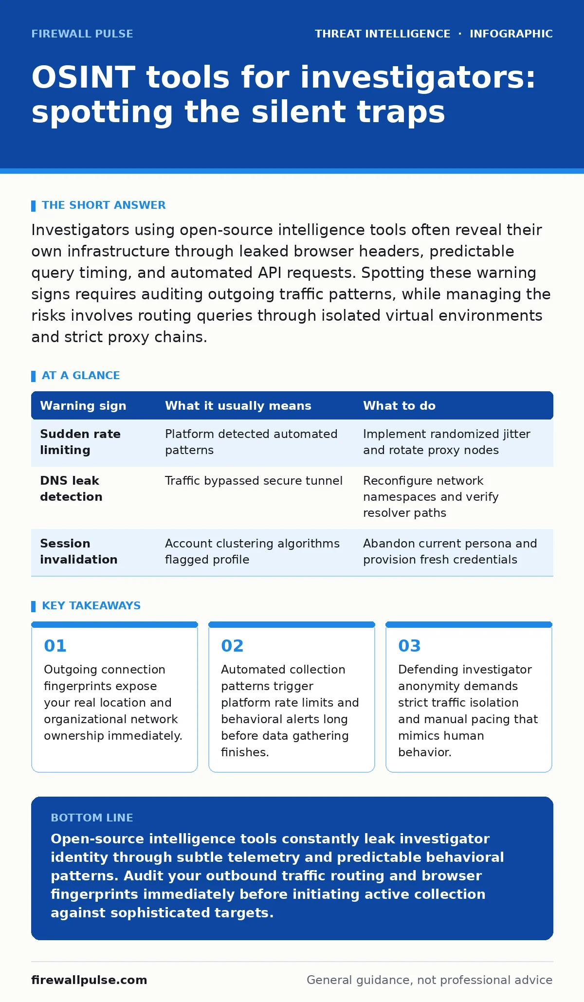 Infographic: OSINT tools for investigators: spotting the silent traps. Outgoing connection fingerprints expose your real location and organizational network ownership immediately. Automated collection patterns trigger platform rate limits and behavioral alerts long before data gathering finishes. De