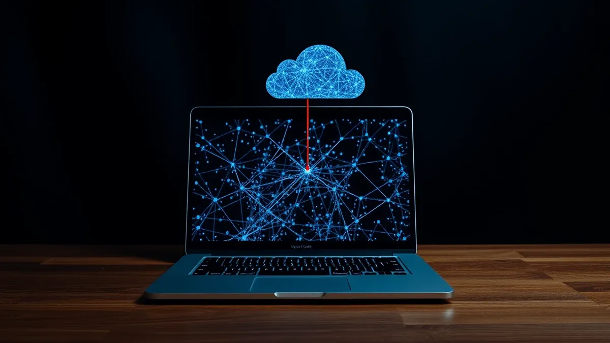 Illustration: A sleek laptop sits on a wooden table, its screen displaying a complex web of abstract blue lines and nodes.