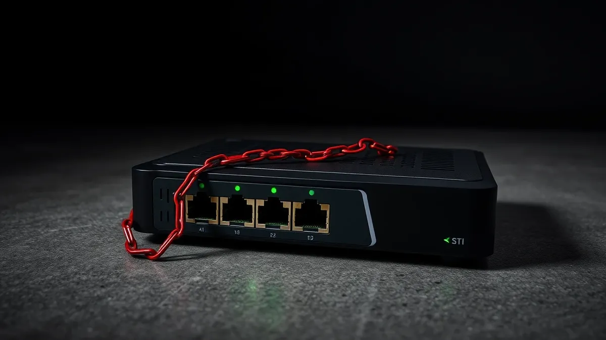 Illustration: A sleek black network router sits on a concrete floor, its front panel illuminated by steady green status lights.