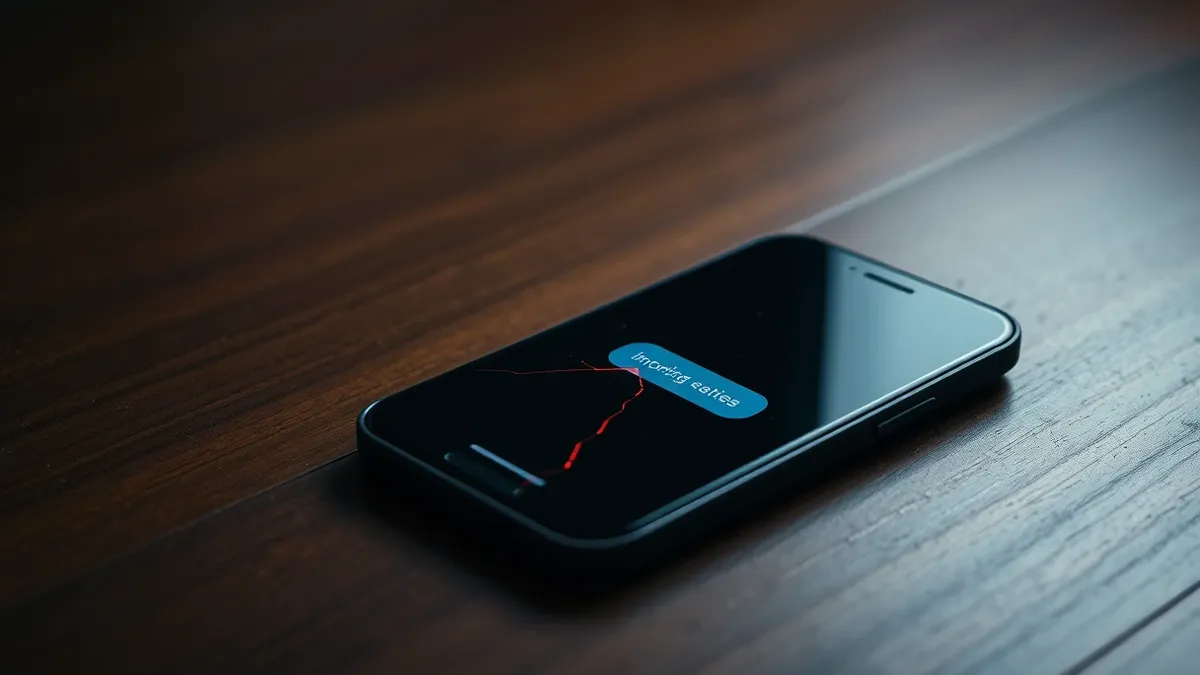 Illustration: A smartphone lies on a wooden table with its screen displaying a single incoming message bubble.