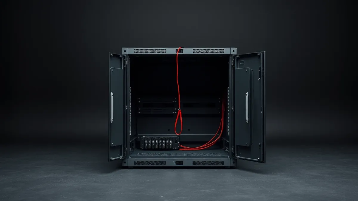 Illustration: An open metal server cabinet sits alone in a bright, empty room.
