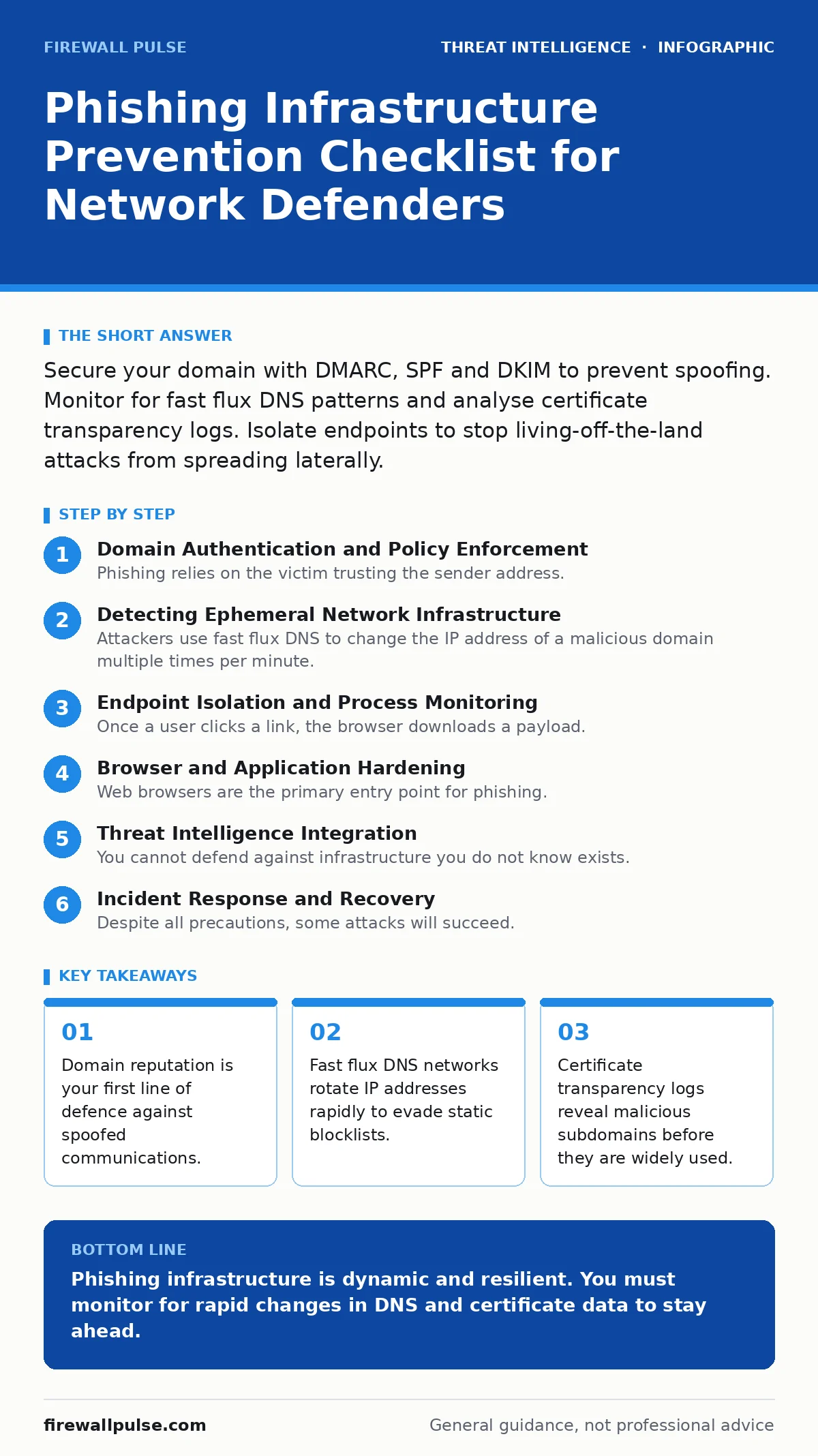Infographic: Phishing Infrastructure Prevention Checklist for Network Defenders. Domain reputation is your first line of defence against spoofed communications. Fast flux DNS networks rotate IP addresses rapidly to evade static blocklists. Certificate transparency logs reveal malicious subdomains be