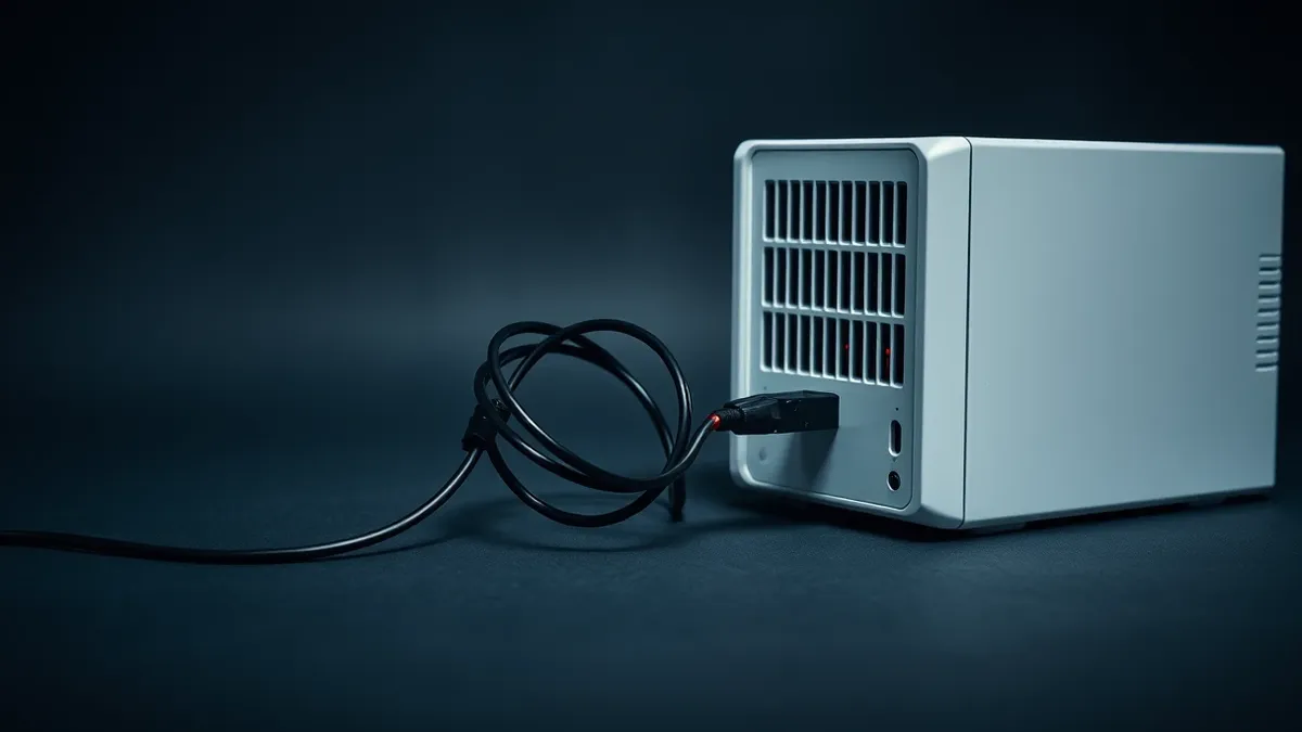 Illustration: A white server box sits on a gray desk with a tangled black cable connecting it to a router.
