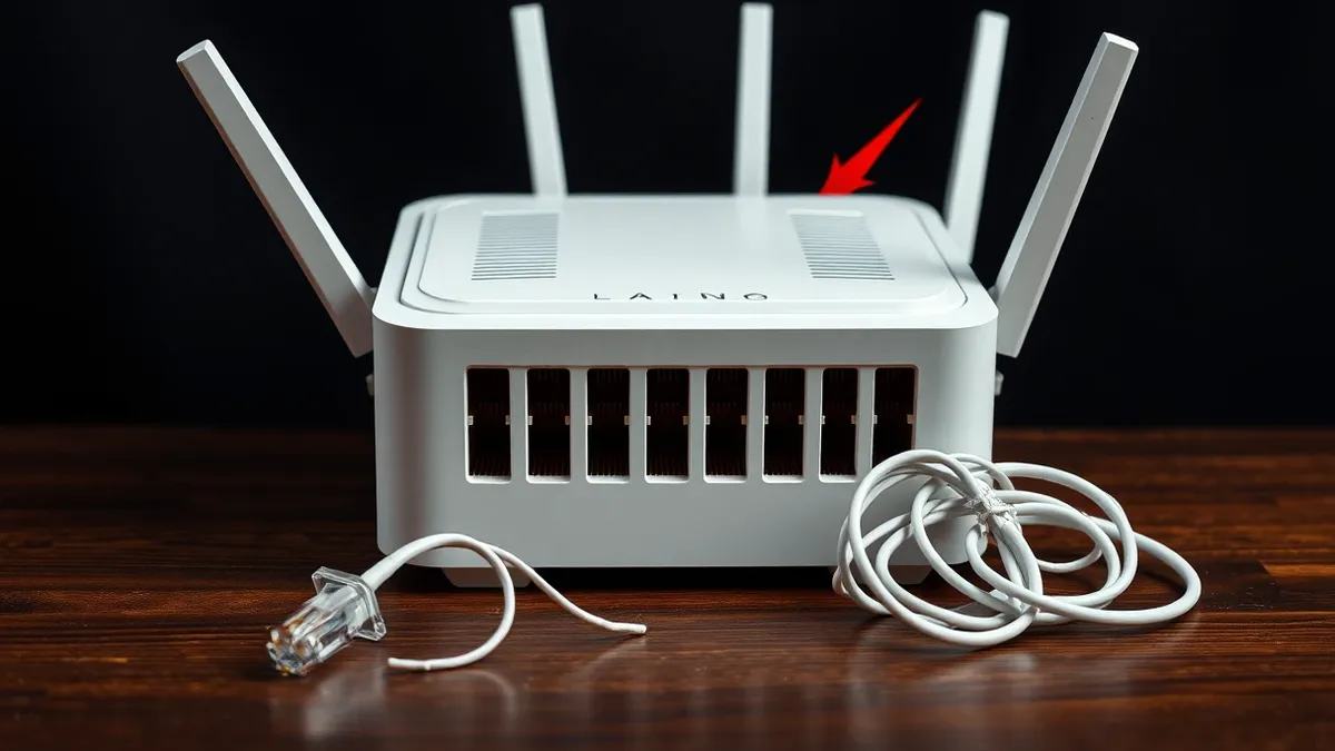 Illustration: A white home router with multiple antennas sits on a wooden table.