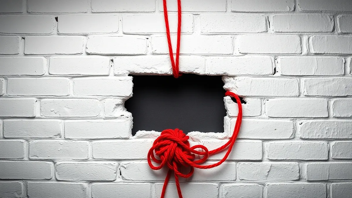 Illustration: A tangled knot of red yarn threads weaves through three separate gaps in a white brick wall.