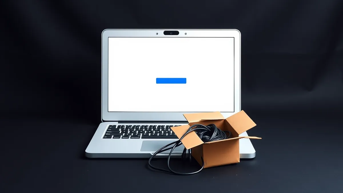 Illustration: A blank white laptop sits on a desk, its screen displaying a simplified browser window with a single generic blue button.