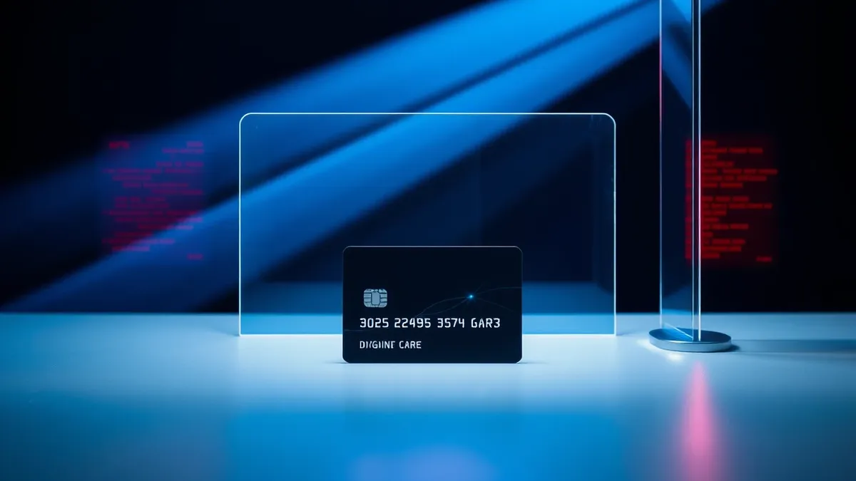 Illustration: A sleek digital card rests on a clean white surface beside a transparent glass checkpoint barrier.