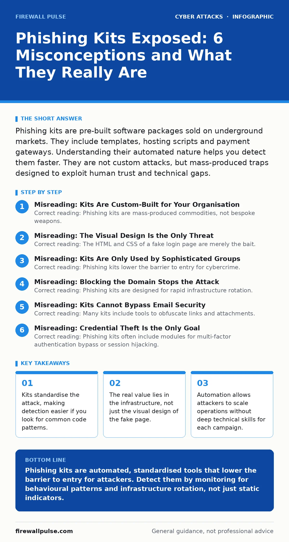 Infographic: Phishing Kits Exposed: 6 Misconceptions and What They Really Are. Kits standardise the attack, making detection easier if you look for common code patterns. The real value lies in the infrastructure, not just the visual design of the fake page. Automation allows attackers to scale opera